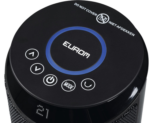 Ovládací panel ohřívače s logem Eurom a upozorněním, že zařízení nesmí být zakryté.