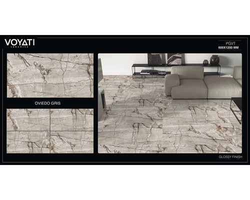 Keramická dlaždice Voyati Oviedo Grey, 600x1200 mm, lesklá položená v obývacím pokoji