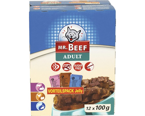 Kapsičky pro kočky Mr. BEEF v želé 1 balení 12x100g Mr. Beef Adult kočičí krmivo v želé, výhodné balení