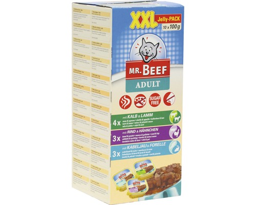 Kapsičky pro kočky Mr. BEEF v želé 1 balení 10x100g Mr. Beef Adult krmivo pro kočky balené po více kusech s telecím, jehněčím, hovězím, kuřecím, treskou a pstruhem