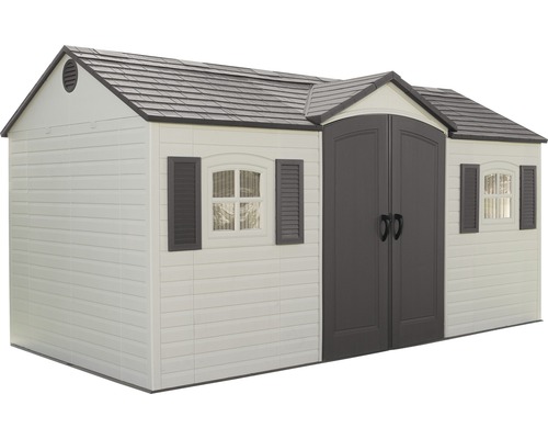 Zahradní bouda s dvoukřídlými dveřmi, okny a střechou