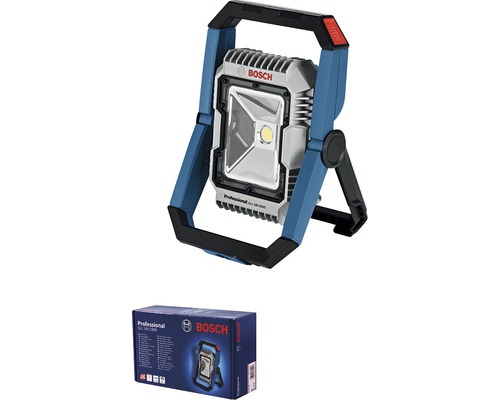 Logo Bosch, stavební reflektor s rukojetí a balení produktu