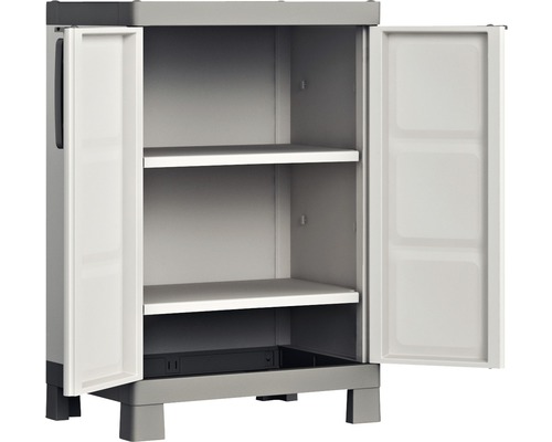 Plastová skříňka se dvěma otevřenými dveřmi a dvěma policemi