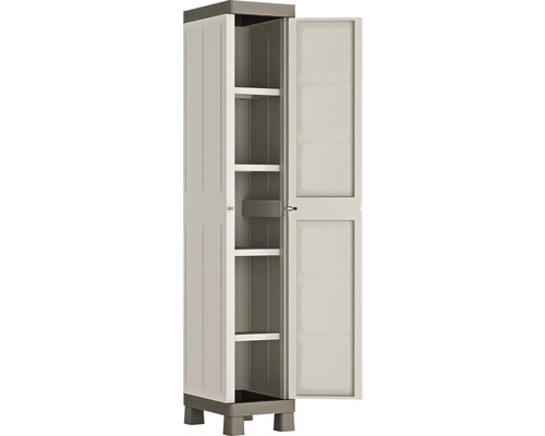 Víceúčelová plastová skříň s policemi a otevřenými dveřmi.