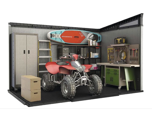 Prostorná kůlna na nářadí s úložnými systémy, ponkem a čtyřkolkou