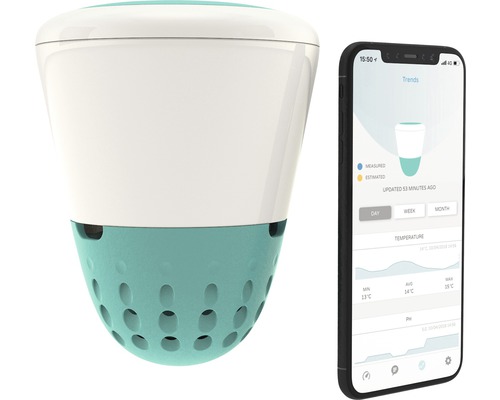 Plovoucí bazénový teploměr s přidruženou aplikací pro chytré telefony pro sledování kvality vody