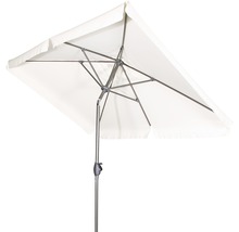 Obdélníkový slunečník se světlou tkaninou a kovovým rámem