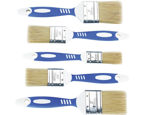 Pět štětců s plastovou rukojetí v různých velikostech
