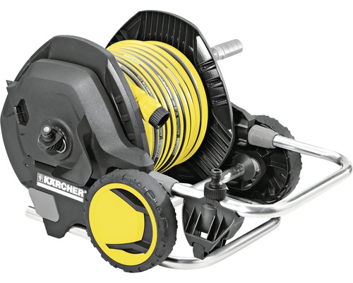 Naviják na hadici Kärcher se žlutou vodní hadicí na kolečkách