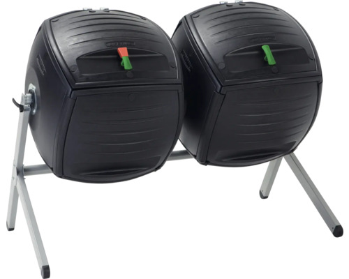 Dvojitý kompostovací zásobník na stříbrném stojanu pro zpracování zahradního odpadu