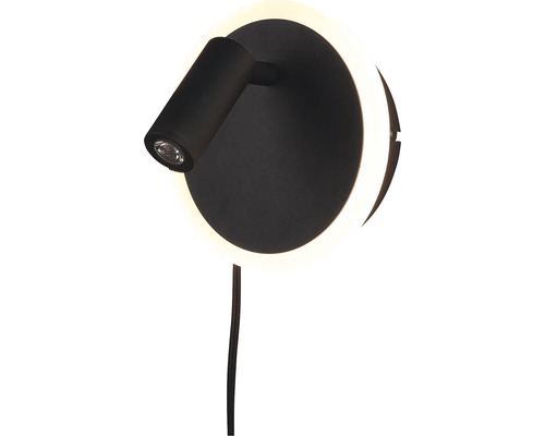 Černé nástěnné svítidlo s kulatým podsvícením.