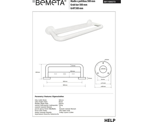 Bemeta madlo s poličkou 500 mm, technický nákres