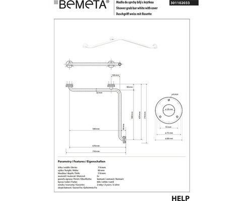 Technický výkres bílého sprchového madla s krytkou