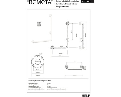 Technický výkres nástěnného držadla Bemeta s rozetou