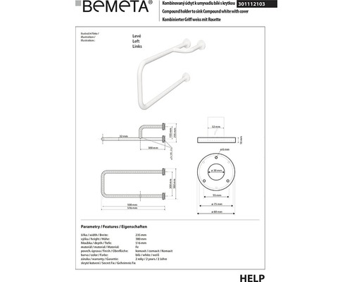 Technický nákres: Bílé madlo s rozetou k umyvadlu