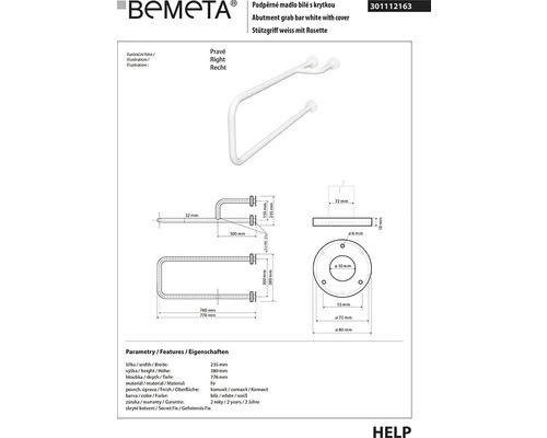 Bemeta podpěrné madlo s rozetou, podrobnosti o produktu a rozměry