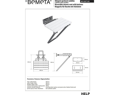 Sklopné sprchové sedátko s podpůrnou nohou a technickými detaily.