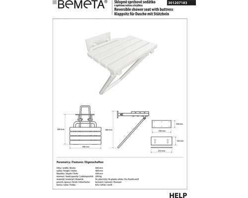 Logo Bemeta. Sklopné sprchové sedátko s podpěrnou nohou, včetně rozměrů.