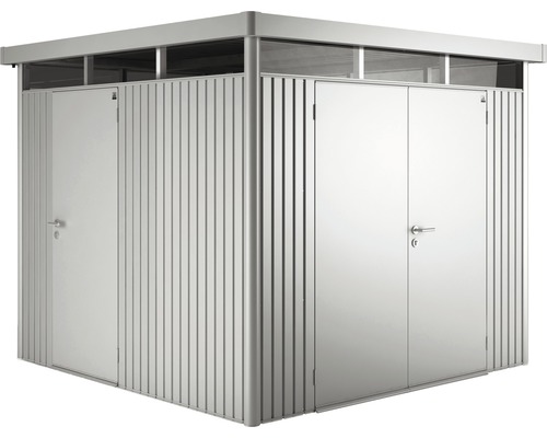 Kovový zahradní domek s dvoukřídlými a jednokřídlými dveřmi na zahradní nářadí