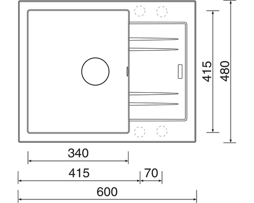 Nákres dřezu o rozměrech 600 x 480 milimetrů