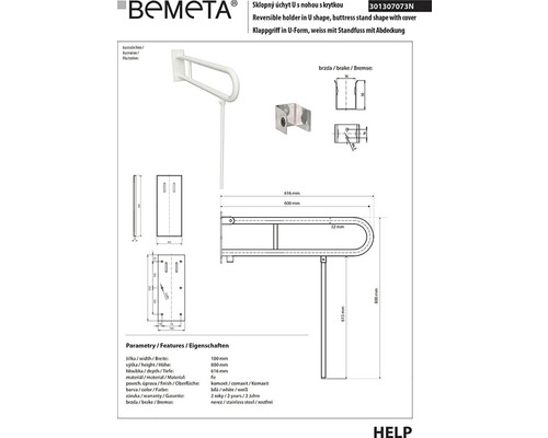Technický výkres sklopného držáku ve tvaru U s podpěrnou nohou a krytkou od společnosti Bemeta