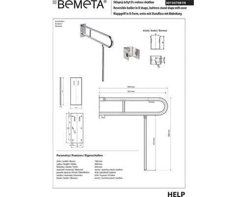 Technický nákres sklopného madla ve tvaru U z nerezové oceli s podpěrnou nohou