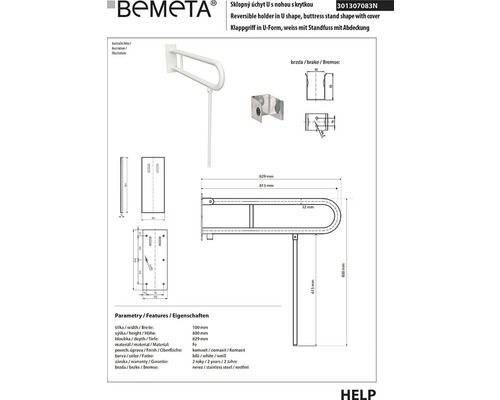 Technický výkres bílého sklopného madla ve tvaru U se stojnou nohou pro koupelnu
