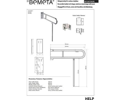 Technický nákres sklopného madla ve tvaru U se stojnou nohou značky Bemeta