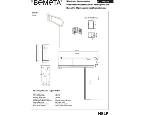 Technický nákres bílého sklopného madla ve tvaru U s opěrnou nohou značky Bemeta