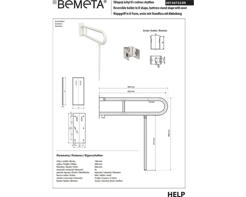 Technický výkres bílého sklopného madla ve tvaru U od společnosti Bemeta