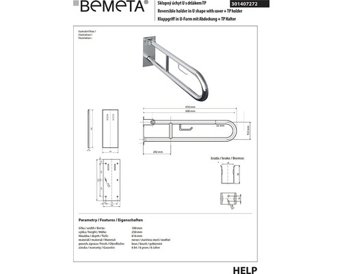 Sklopná rukojeť Bemeta ve tvaru U s krytem a držákem toaletního papíru, rozměry a detaily