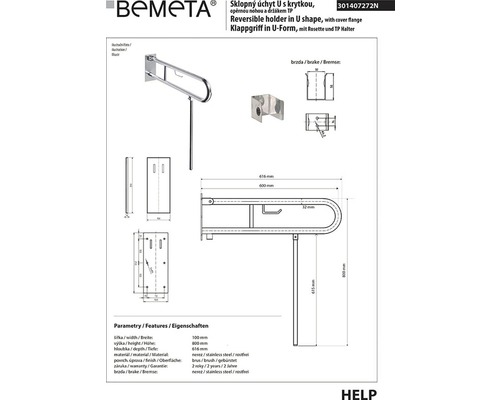 Technický nákres sklopné rukojeti ve tvaru U z nerezové oceli s rozetou a držákem