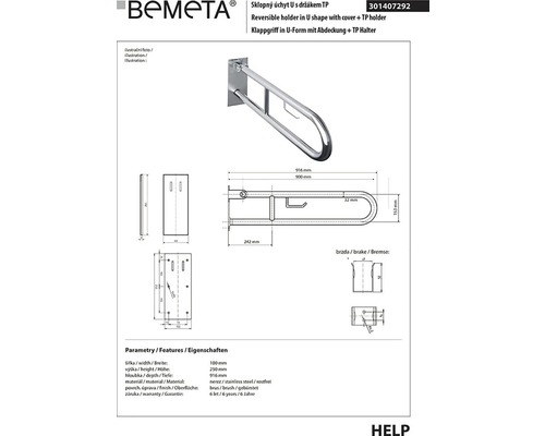Bemeta sklopná tyč ve tvaru U s držákem toaletního papíru z nerezové oceli, technický nákres