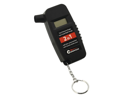 Měřič tlaku v pneumatikách a hloubkoměr dezénu s kroužkem na klíče