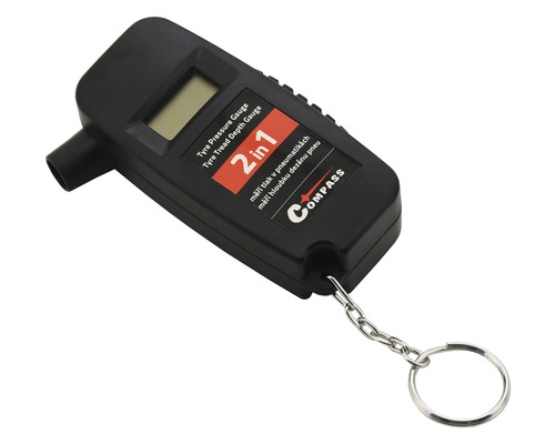 Měřič tlaku v pneumatikách a hloubky dezénu s kroužkem na klíče