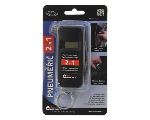 Měřič tlaku v pneumatikách a hloubky dezénu v blistru