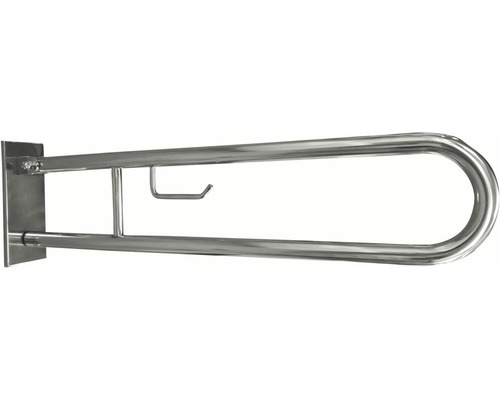 Sklopný úchyt ve tvaru U 850 mm HELP s držákem na toaletní papír nerez lesk Sklopné kovové madlo s držákem papíru pro podporu v koupelně.