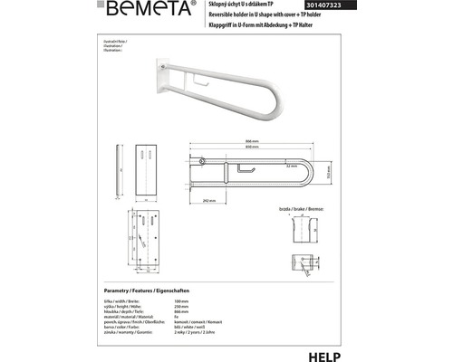 Bemeta sklopné madlo ve tvaru U s držákem toaletního papíru a rozměry