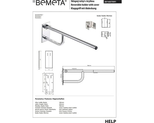 Bemeta sklopná rukojeť s krytkou z nerezové oceli, podrobnosti o produktu a rozměry