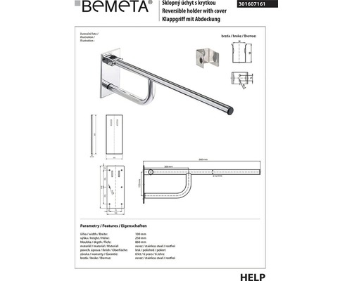 Bemeta Reverzibilní držák s krytem z nerezové oceli, rozměry a detaily