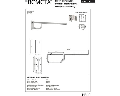 Sklopná rukojeť Bemeta s krytkou a rozměry