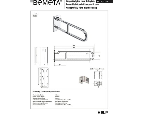 Bemeta sklopná rukojeť U tvaru s krytkou technický nákres