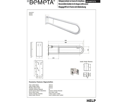 Sklopná rukojeť ve tvaru U s krytkou a technickými nákresy
