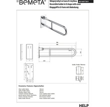 Technický nákres sklopného držáku ve tvaru U od společnosti Bemeta s krytem a informacemi o produktu