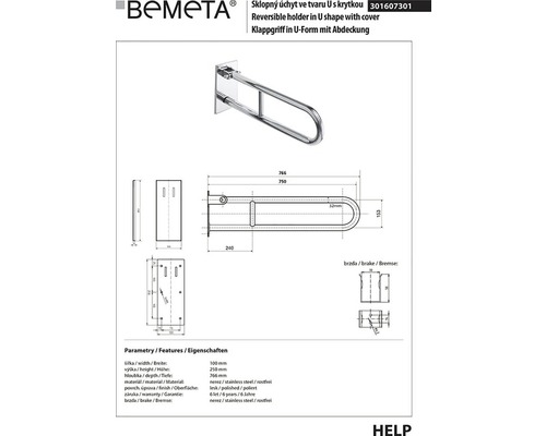 Technický nákres sklopného držáku ve tvaru U od společnosti Bemeta s krytem a informacemi o produktu