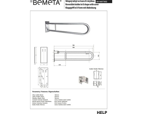 Technický nákres sklopné rukojeti ve tvaru U z nerezové oceli s krytem
