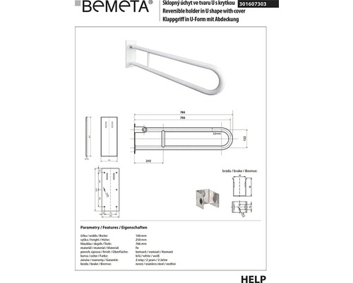 BEMETA sklopná rukojeť ve tvaru U s krytkou, technický nákres