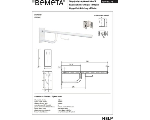 Technický nákres bílého sklopného madla s krytem a držákem toaletního papíru z oceli