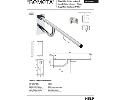 Technický nákres sklopného držáku s krytem a držákem toaletního papíru z nerezové oceli.