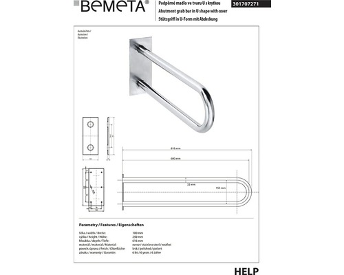 Opěrné madlo ve tvaru U s krytkou, nerezová ocel, leštěné